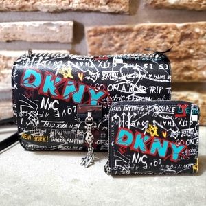 NWT DKNY Black Leather Graffiti Art Limited Edition Shoulder Bag and Wallet